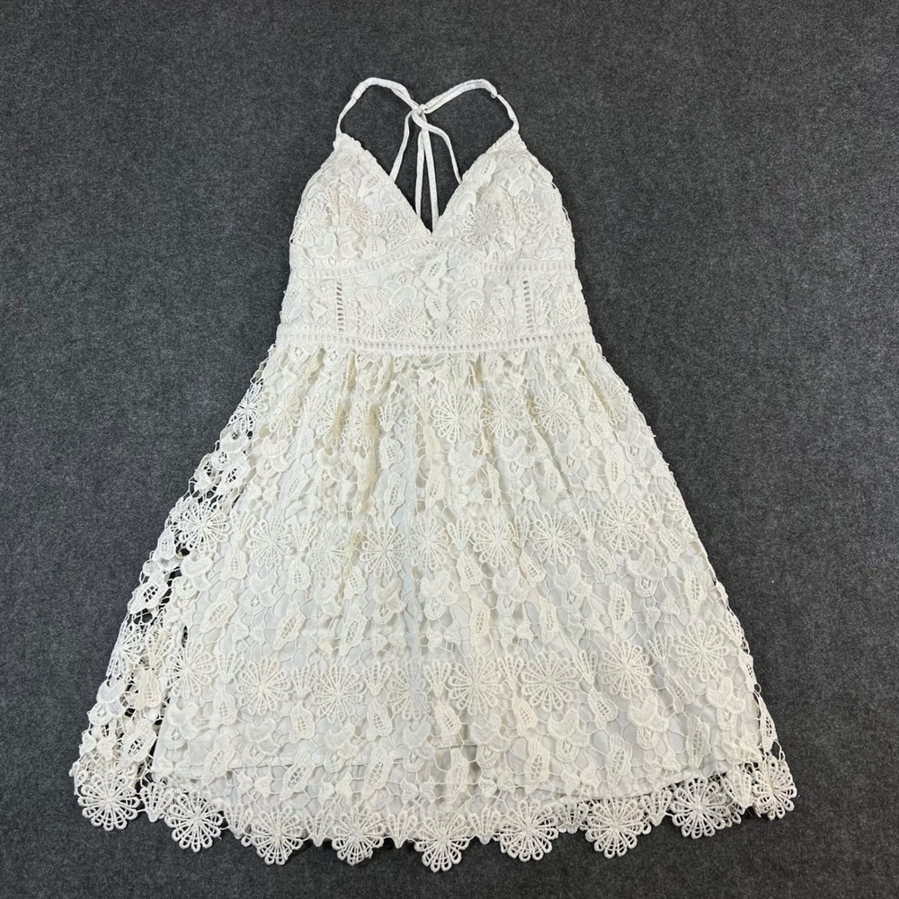 Hollister White Floral Lace Mini Dress Strappy Open Back Boho Bridal Size M